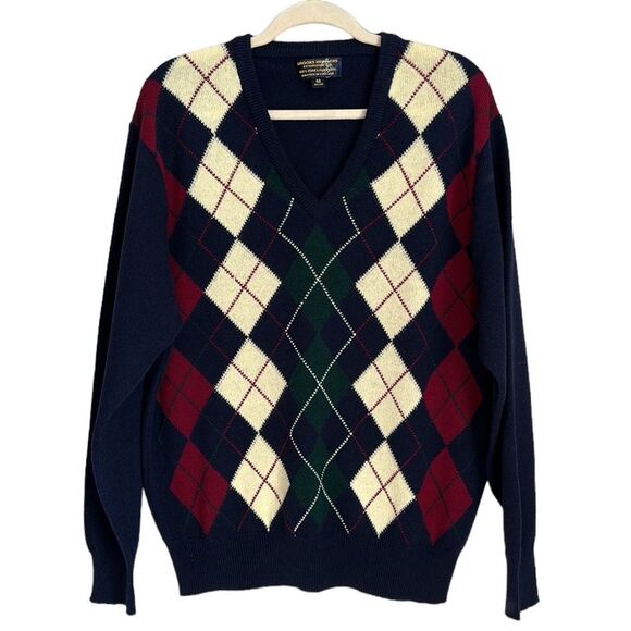 Brooks Brothers Vintage 100% Lambswool Navy Argyle  Men's V Neck Knit Sweater XL - Picture 1 of 8